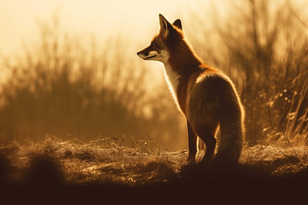 Red fox standing in the forest and looking at the camera Sunset