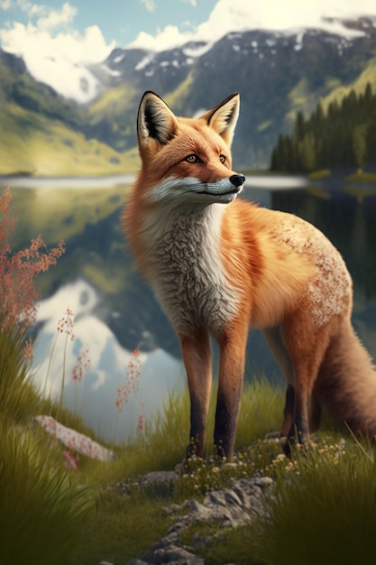 A red fox stands in a field next to a lake.