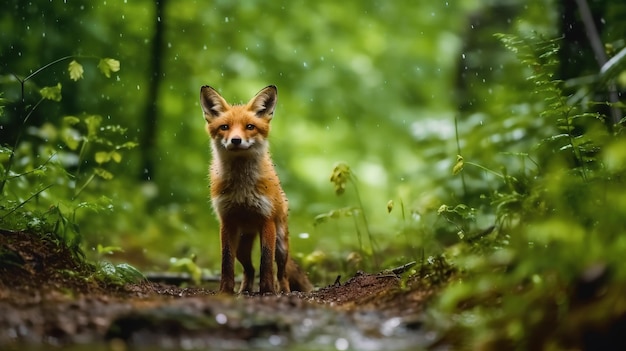 A red fox stands in a forest