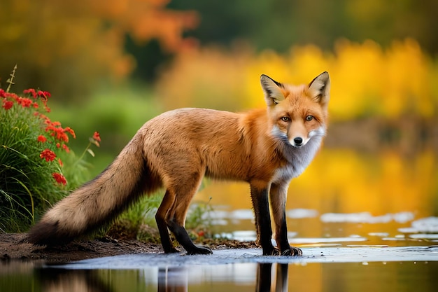 A red fox stands in a pond in front of a fall foliage.