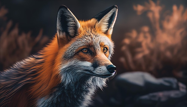 Портрет Red Fox Vulpes vulpes крупным планом с боке сосен на заднем плане Зрительный контакт