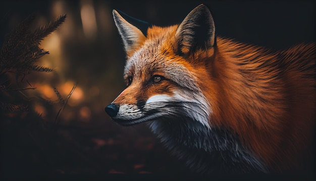 Red Fox Vulpes vulpes closeup portrait with bokeh of pine trees in the background Making eye contact