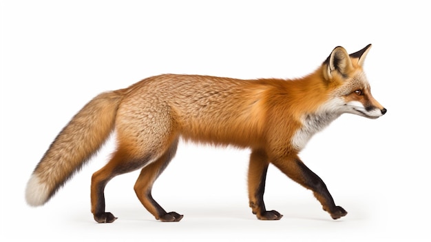 Red fox Vulpes vulpes with a bushy tail isolated on white background
