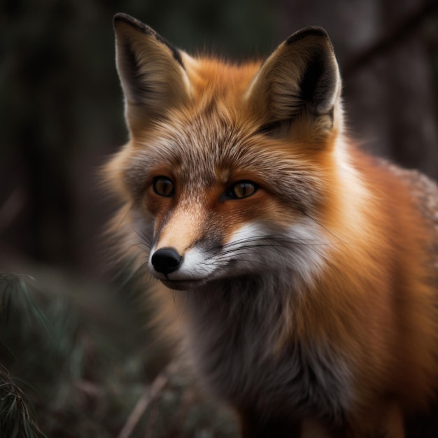 A red fox with a black nose and a black nose.