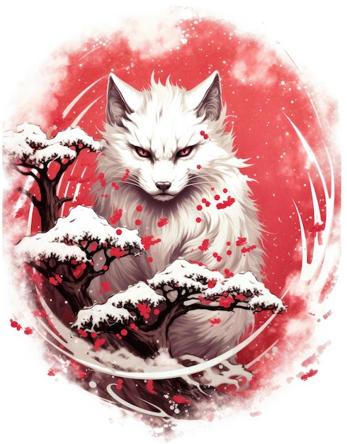 A red fox with a white fur and blue eyes is surrounded by snow and trees.