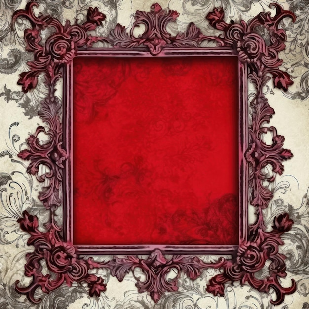A red frame with a floral pattern on the bottom.