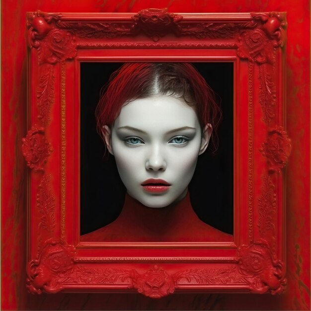 A red framed picture of a woman with red eyes and red hair.