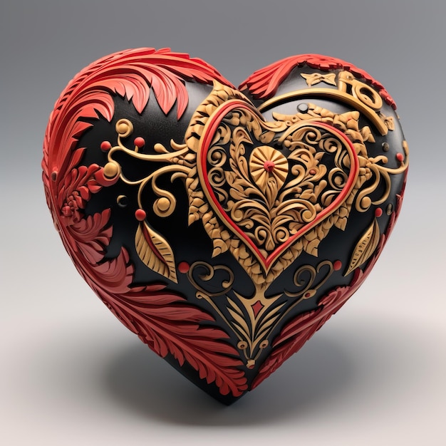 a red framed red heart shaped decorative item in the style of intricate layering light gold