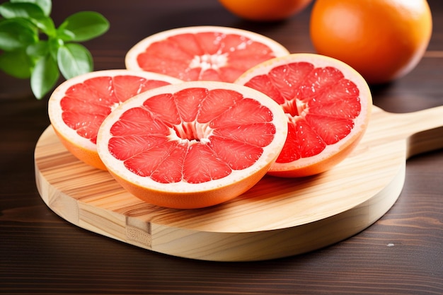 Photo red fresh grapefruit slices on a wooden board with a knife