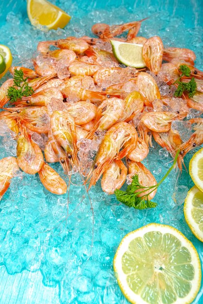 red fresh prawns with their heads, lie on the ice blue sea blue background, cherry, slices of lemon