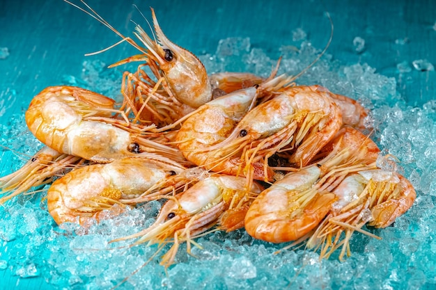 Foto scampi di gamberi freschi rossi con e senza testa, giacciono sullo sfondo del mare blu ghiaccio