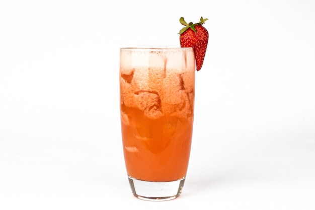 Red fresh strawberry cocktail smoothie jusice in glass with ice isolated on white vitamin drink