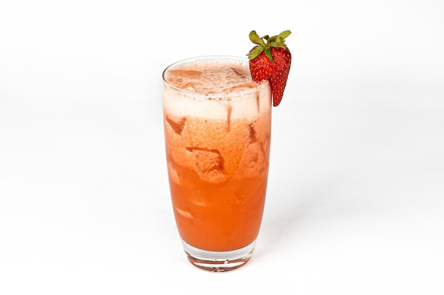 Red fresh strawberry cocktail smoothie jusice in glass with ice isolated on white vitamin drink