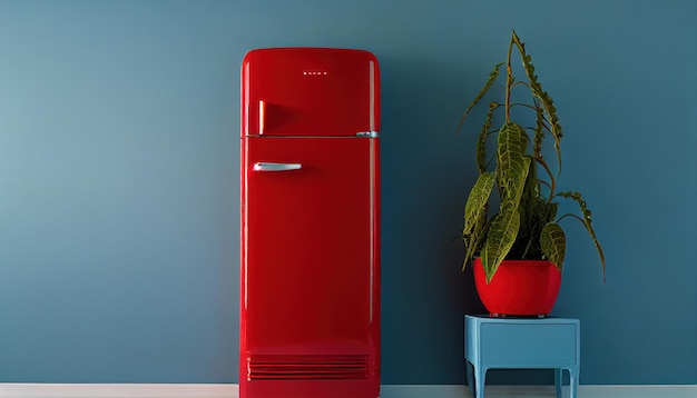 Red fridge and houseplant near blue wall professional