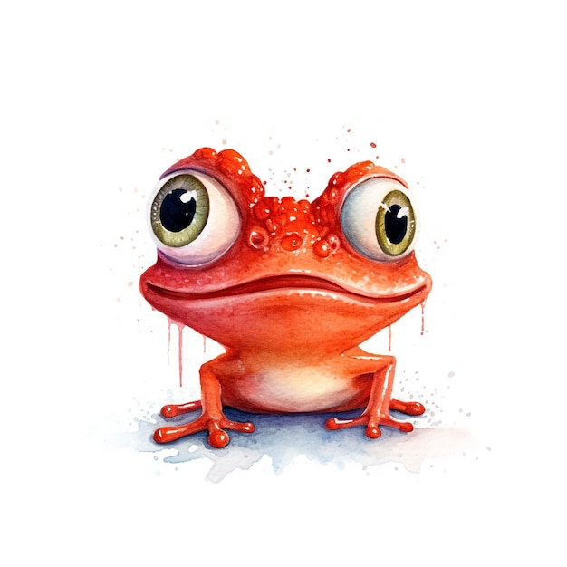 A red frog with a big eye sits on a white background.