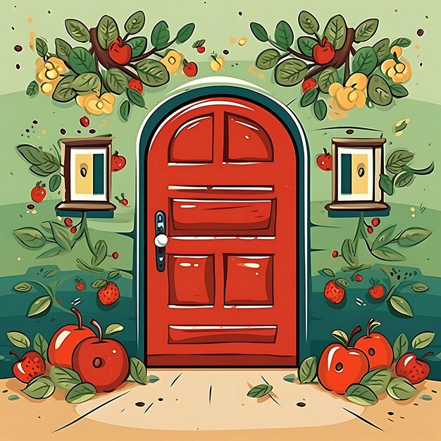 Red front door with cut out apples and bees red and green co art concept ideas on white background