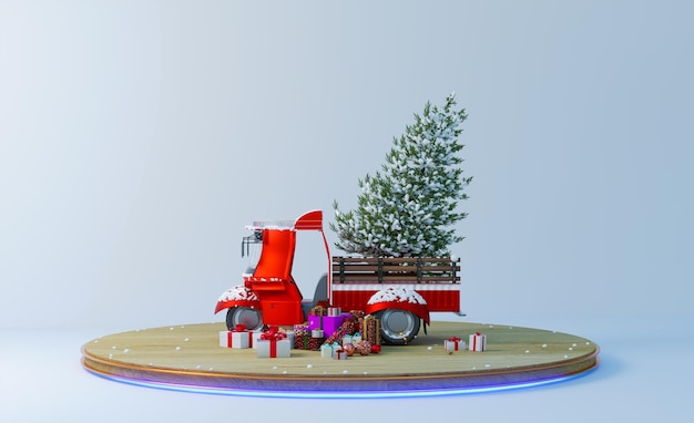 Red funny car with christmas tree on podium merry christmas and\
happy new year