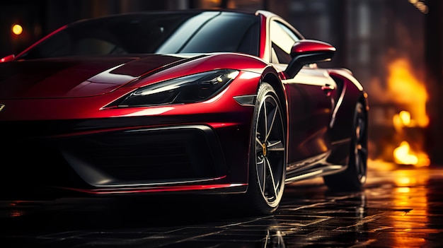 Red Futuristic Sportscar in Spotlight Aesthetic Background Image