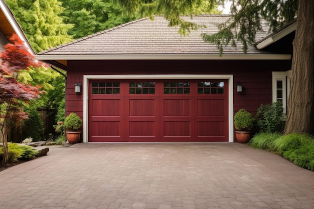 Red garage door with a driveway in front