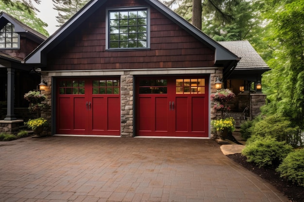 Red garage door with a driveway in front