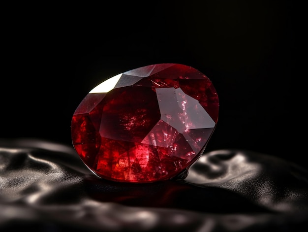 A red gemstone sits on a black background.