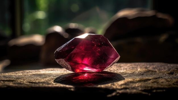 A red gemstone sits on a rock in the sun