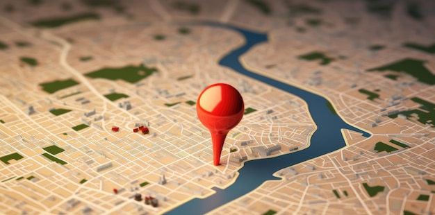 3Dスタイルの地図上の赤い地理位置マーカー ナビゲーションシステム ピン