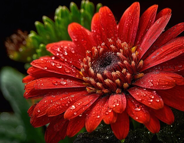 赤いゲルベラの花と花びらに水滴が近づいている