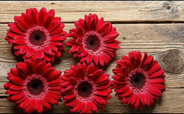 red gerbera flowers on wooden background