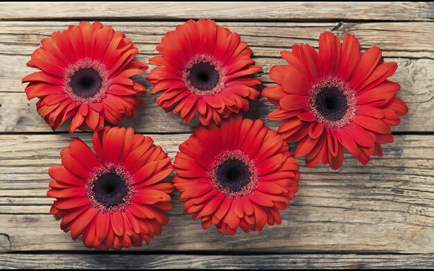 red gerbera flowers on wooden background