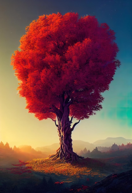 山の 3 d イラストレーションで赤い巨大な秋の木