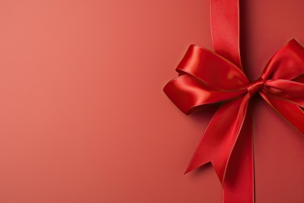 Red gift bow on red background with copy space for your text