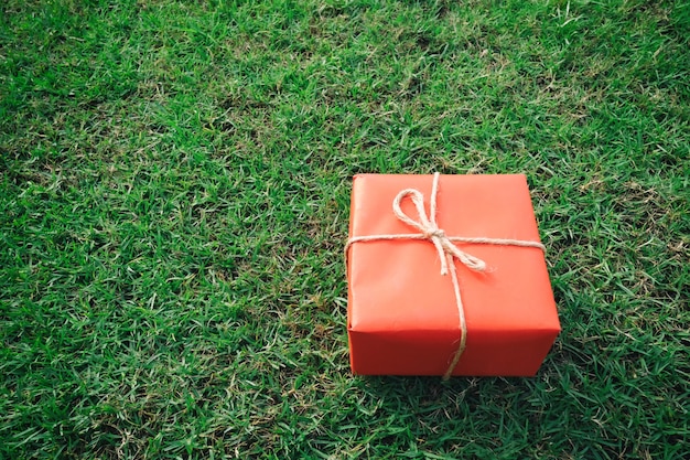 Red Gift box on the green lawn for Christmas.