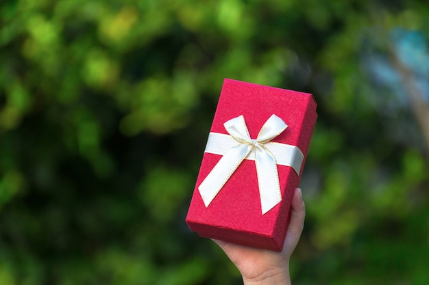 red gift box on hands