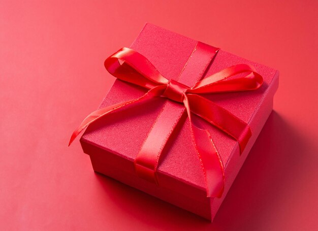 Red gift box on red ribbon and red background white