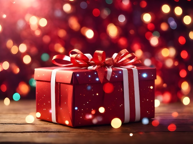 Red gift box on table with blurry background