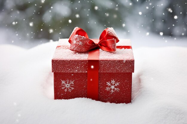 a red gift box on top of snow covered ground AI Generative