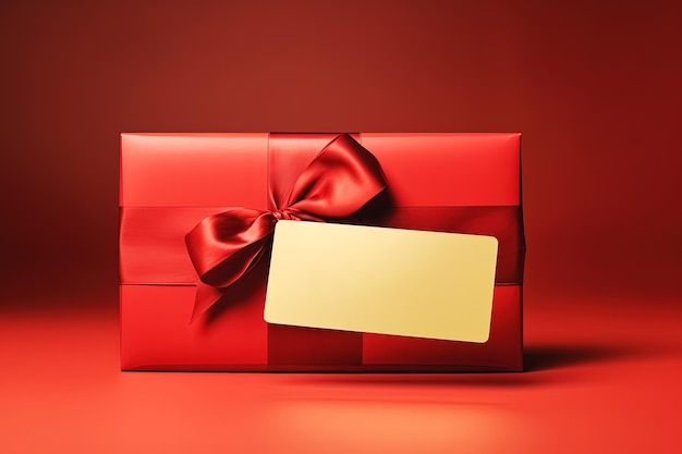 Фото Красная подарочная коробка с пустой карточкой на красном фоне generative ai