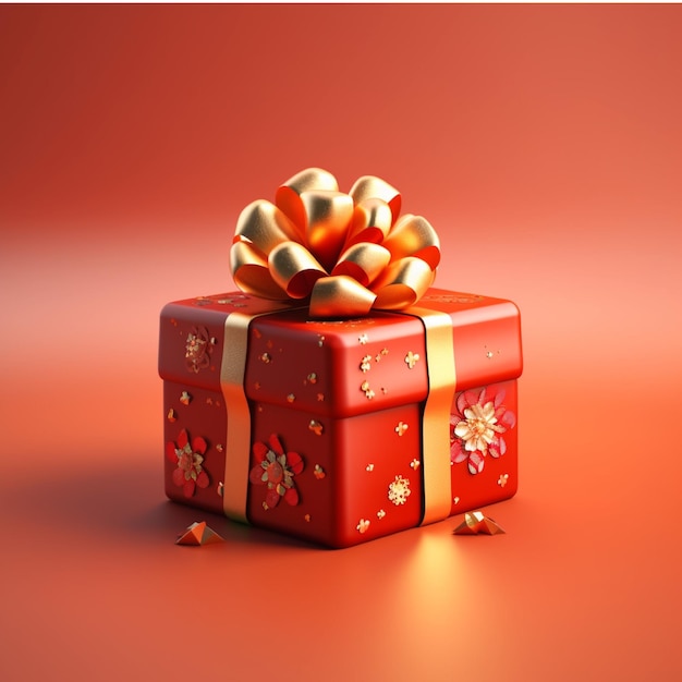 Red gift box with gold bow on a red background 3d rendering