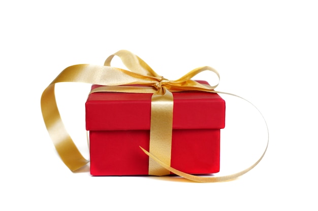 Red gift box with gold ribbon and bow