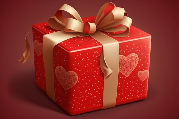 A red gift box with a gold ribbon and hearts on it.