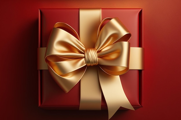 Red Gift box with gold satin ribbon and bow on red background Generative AI