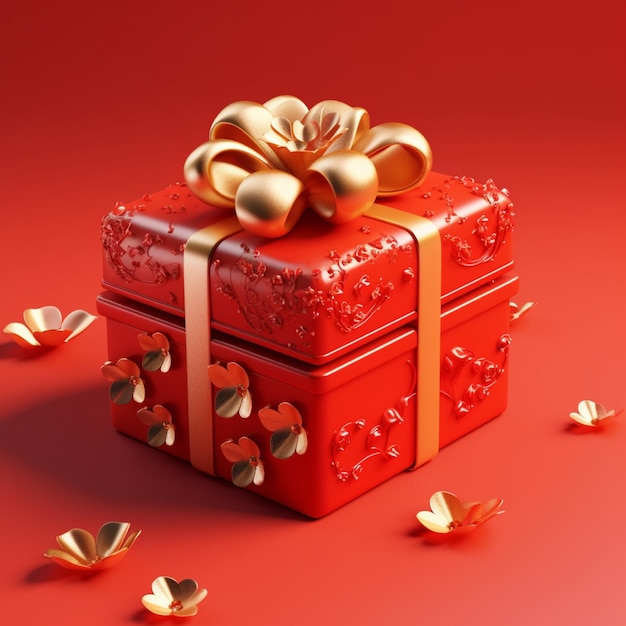 Red gift box with golden bow on red background 3d illustration