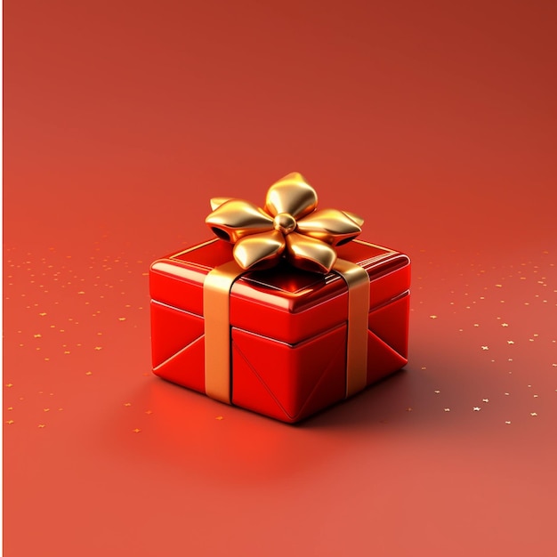 Red gift box with golden bow on red background 3d illustration