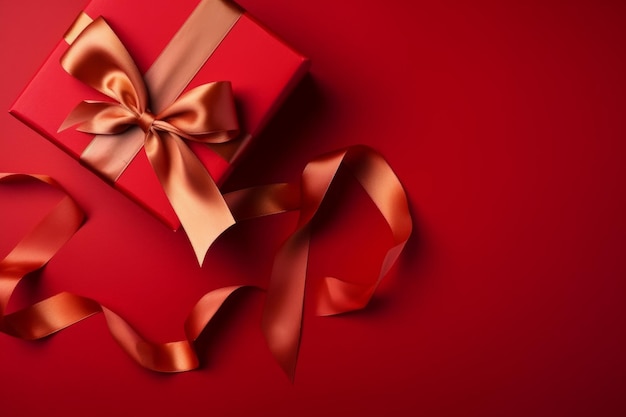 A red gift box with a golden ribbon and bow with a blank background for copy space Generative AI