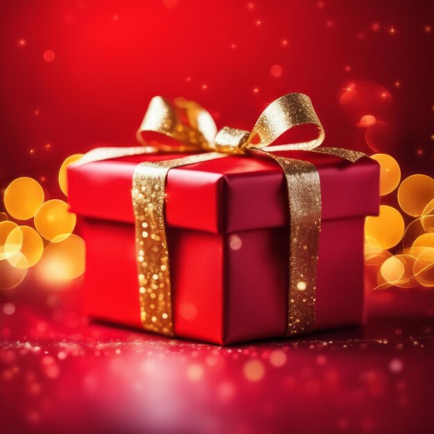 Red gift box with golden ribbons on holiday background with twinkle bokeh light