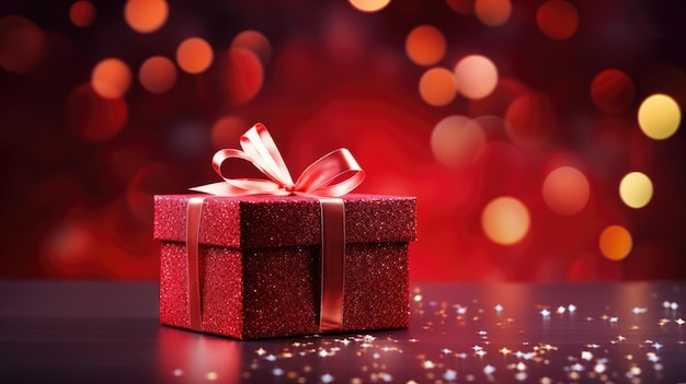 Red gift box with red bow on isolated glowing bokeh background