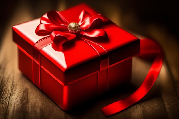 A red gift box with a red ribbon and a bow on it.