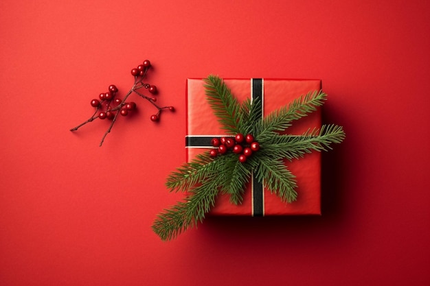 A red gift box with a red ribbon and red berries on it.