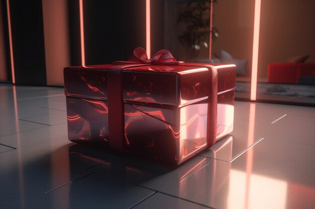 A red gift box with a red ribbon on the top.